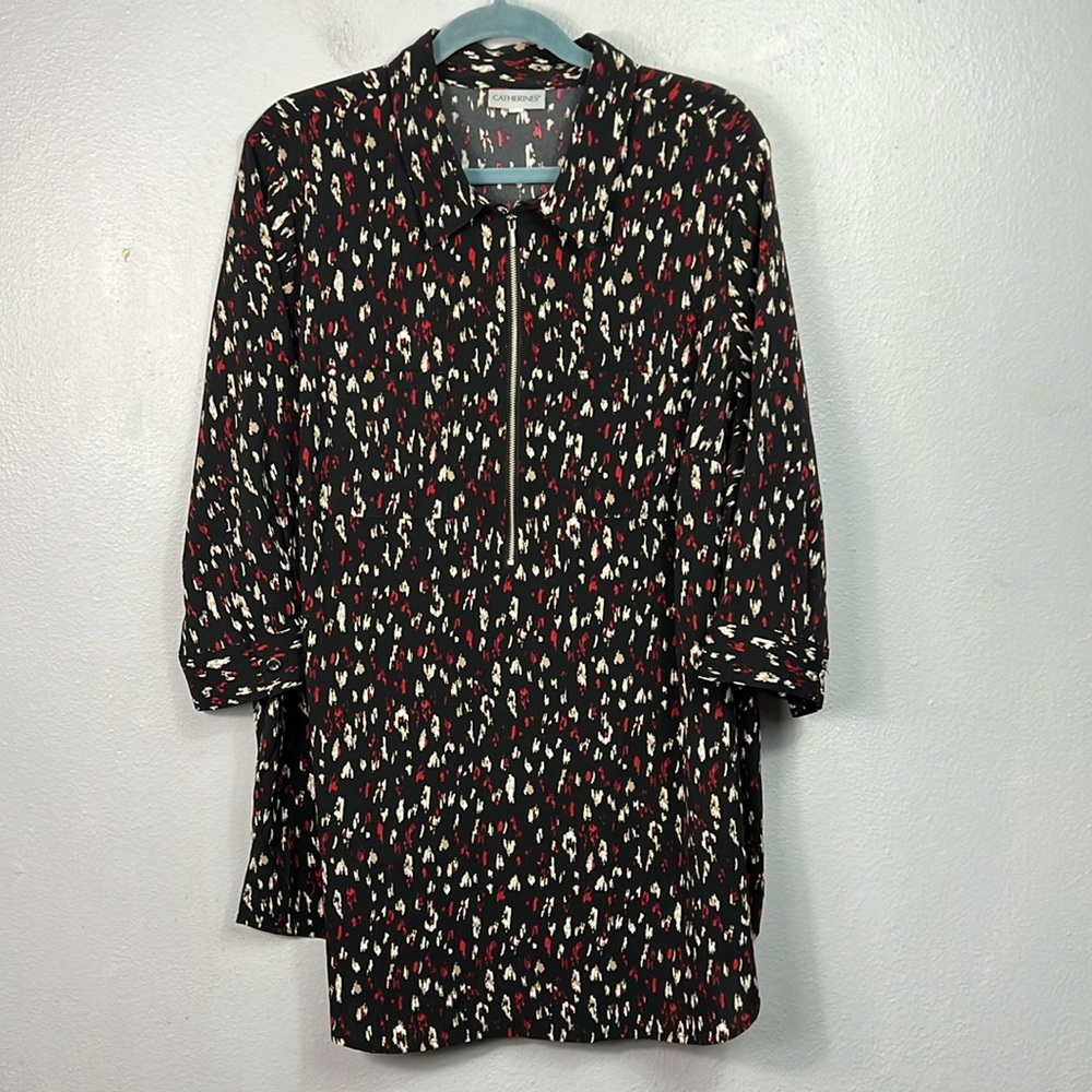 Catherines Black & Red Print 3/4 Sleeve 1/2 Zip Tunic Top 1X